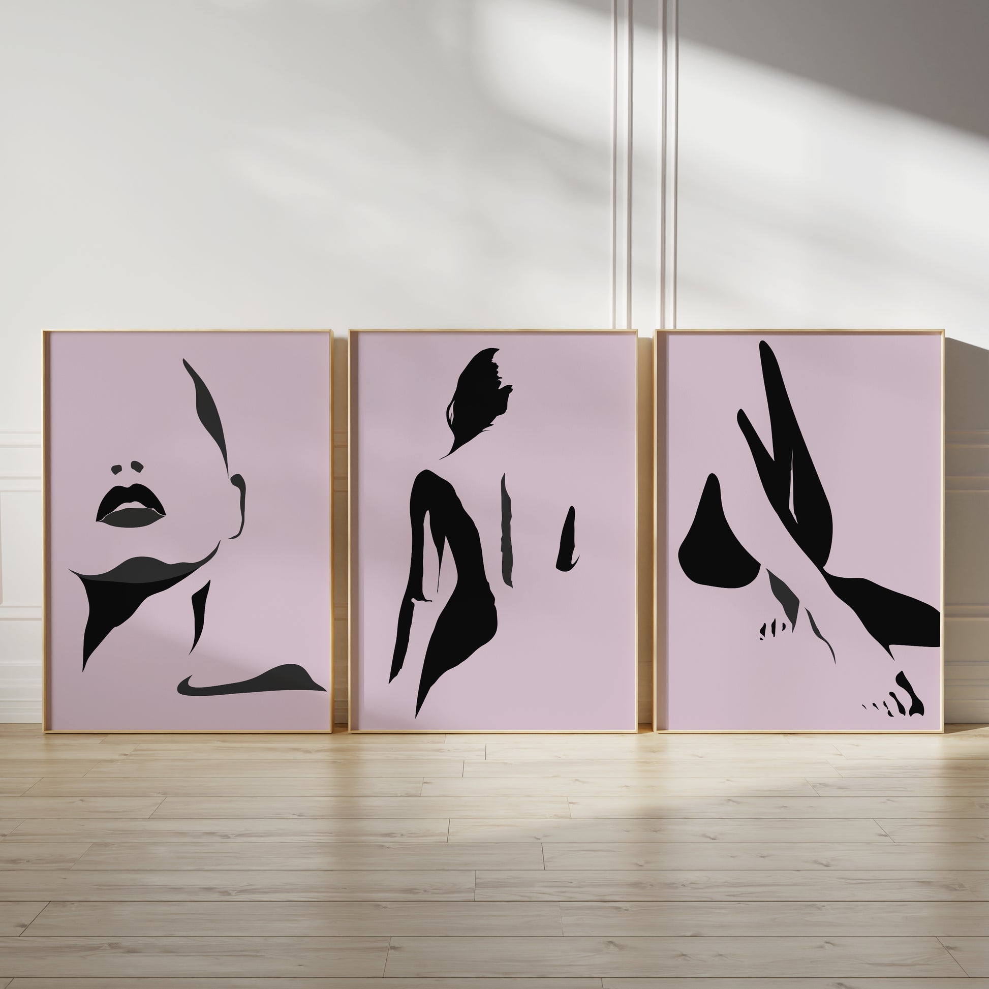 Lilac bedroom prints with abstract women, set of three wall art posters