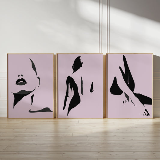 Lilac bedroom prints with abstract women, set of three wall art posters