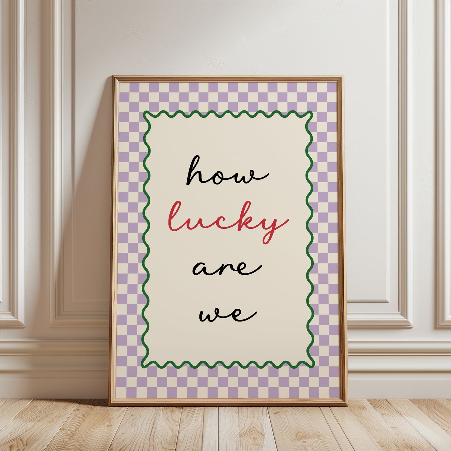 Couples wall art print with quote "HOW LUCKY ARE WE" ideal hallway decor in lilac
