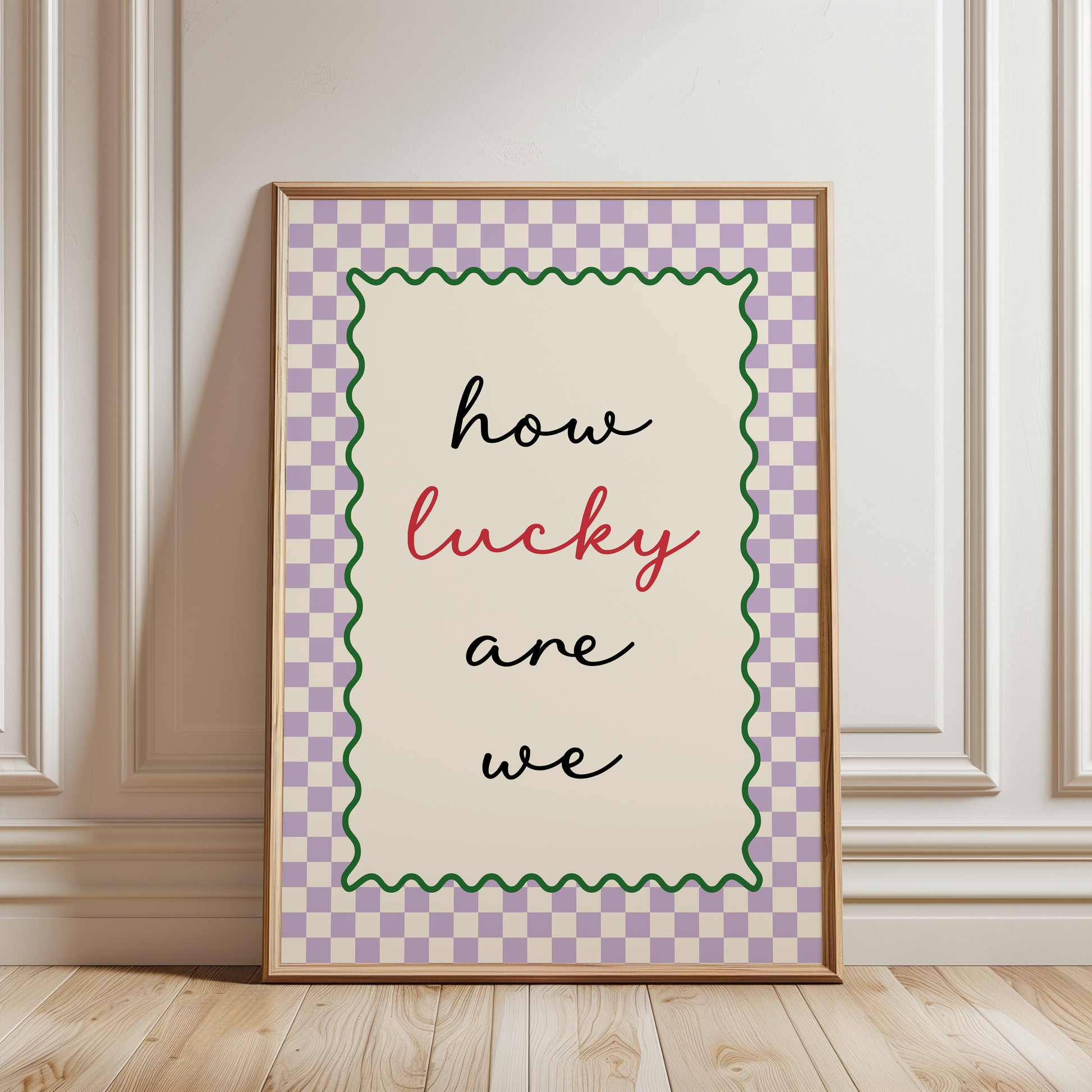 Couples wall art print with quote "HOW LUCKY ARE WE" ideal hallway decor in lilac