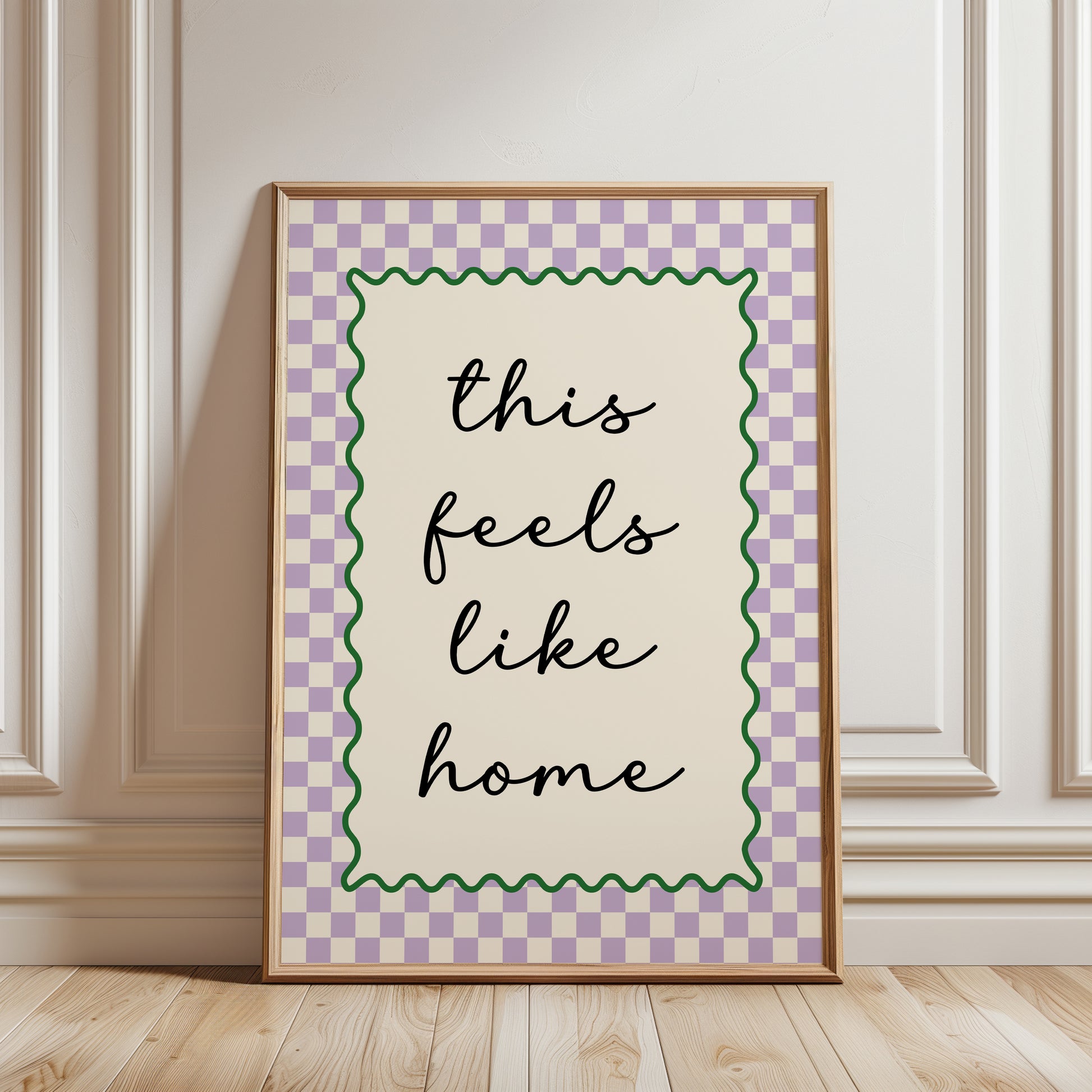 cute hallway gallery wall art print with quote "this feels like home" in lilac with a chequered border