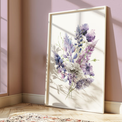 floral print, watercolour lilac flowers displayed in a bouquet on a white background
