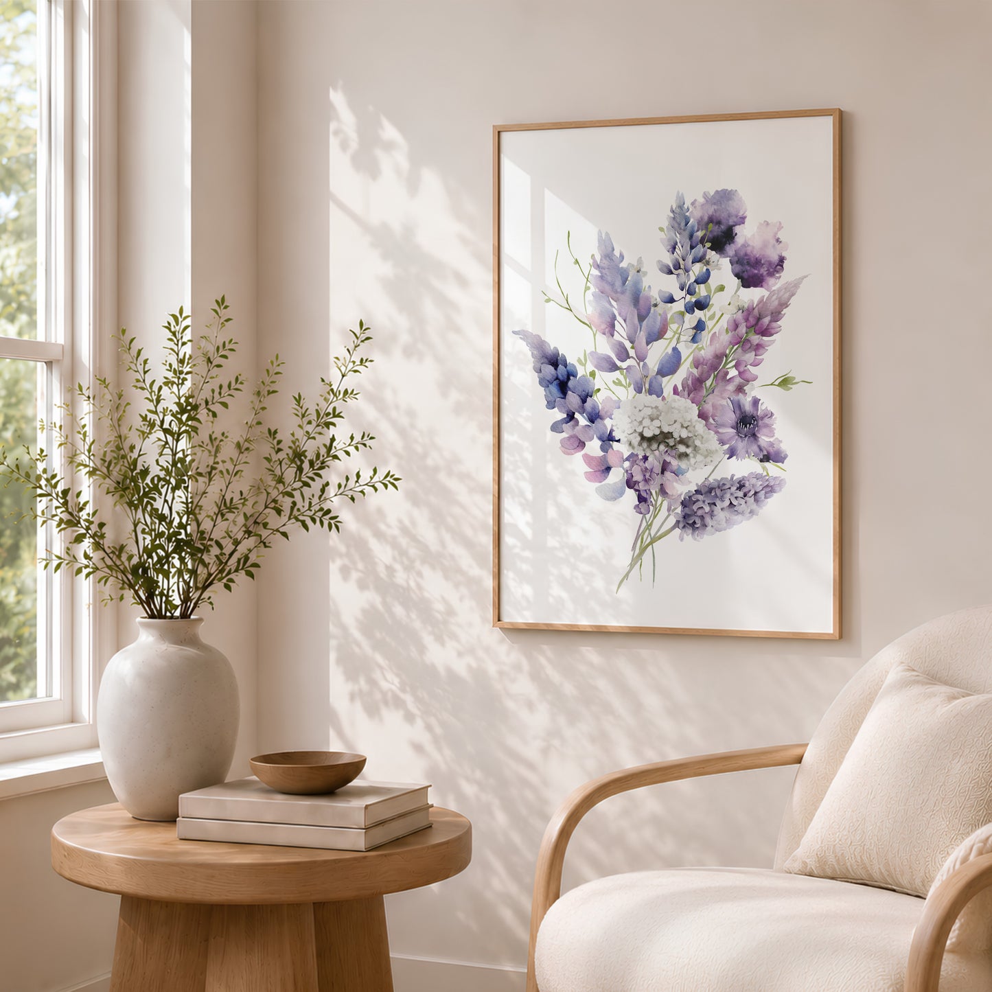 Lilac floral wall art, watercolour lilac and purple flowers displayed in a bouquet on a white background