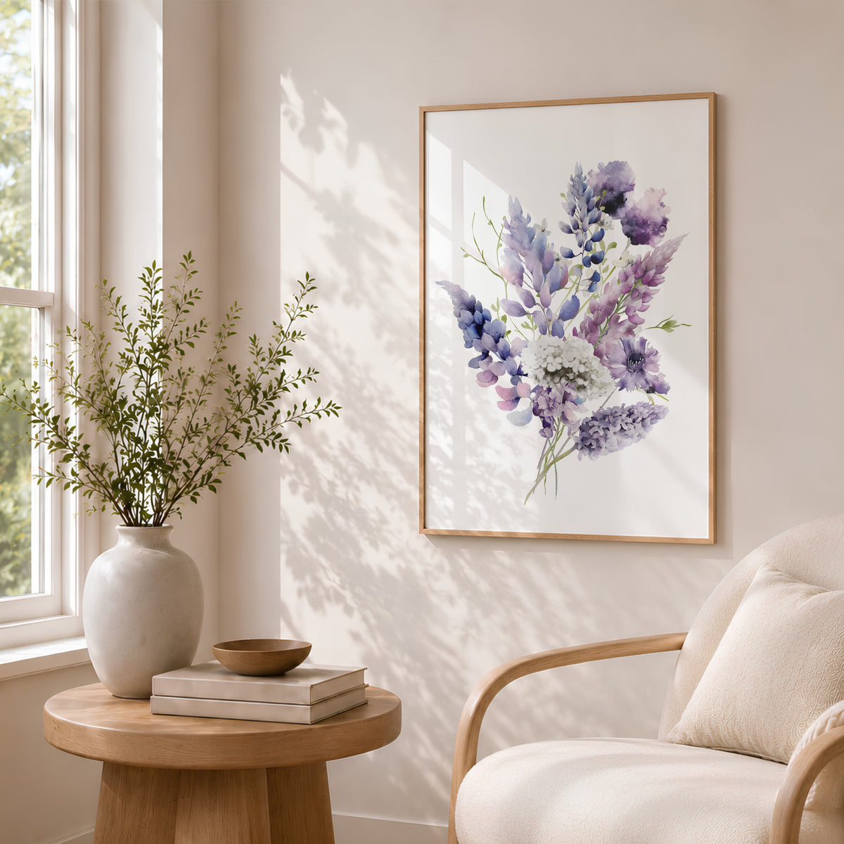 Lilac floral wall art, watercolour lilac and purple flowers displayed in a bouquet on a white background