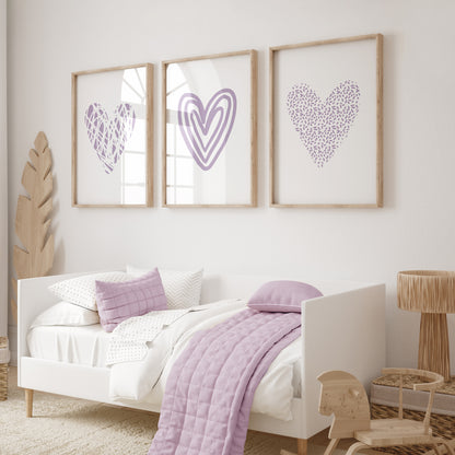 Girls room prints, lilac love hearts