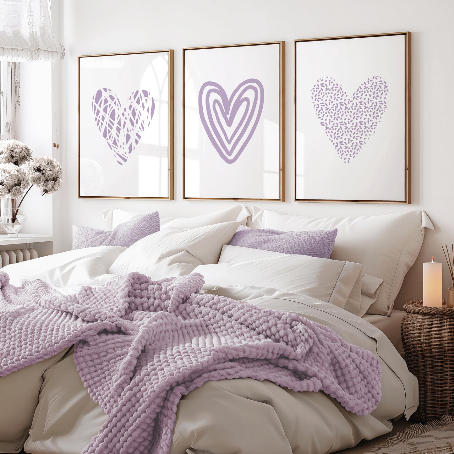 Set of 3 Lilac Love Heart Wall Prints