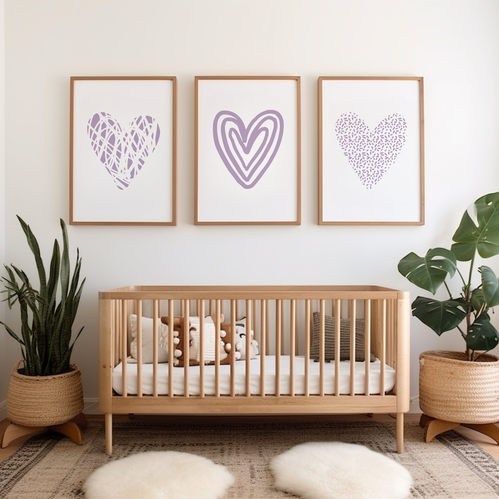 girls nursery wall art in a minimalist style with lilac love hearts