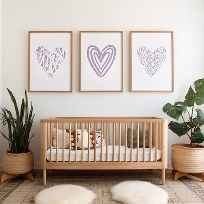 girls nursery wall art in a minimalist style with lilac love hearts