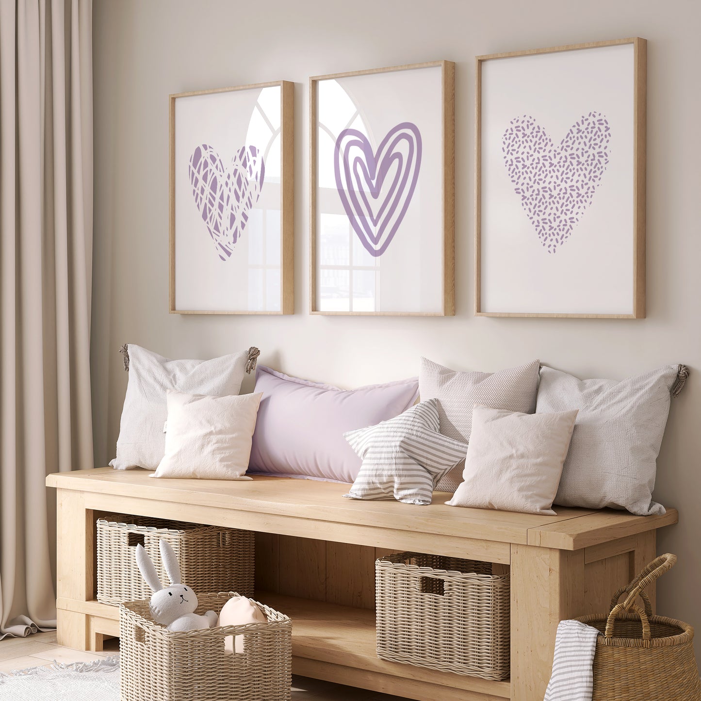 Set of 3 Girls Lilac Love Heart Prints