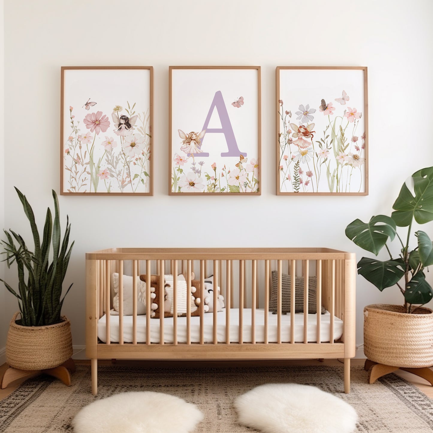 Lilac personalised girls nursery prints with wildflowers and fairies
