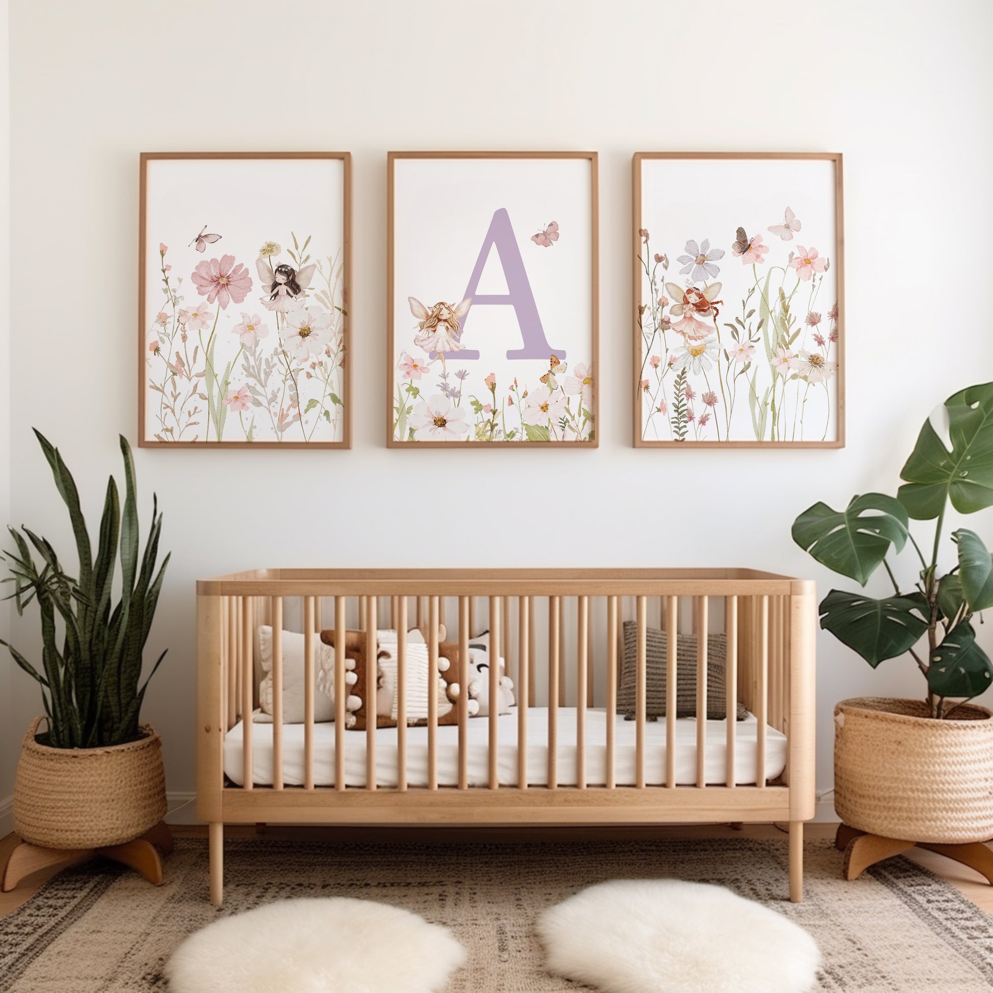 Lilac personalised girls nursery prints with wildflowers and fairies