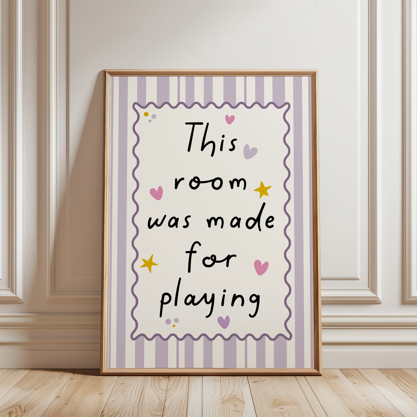 lilac playroom print with quote "this room was made for playing