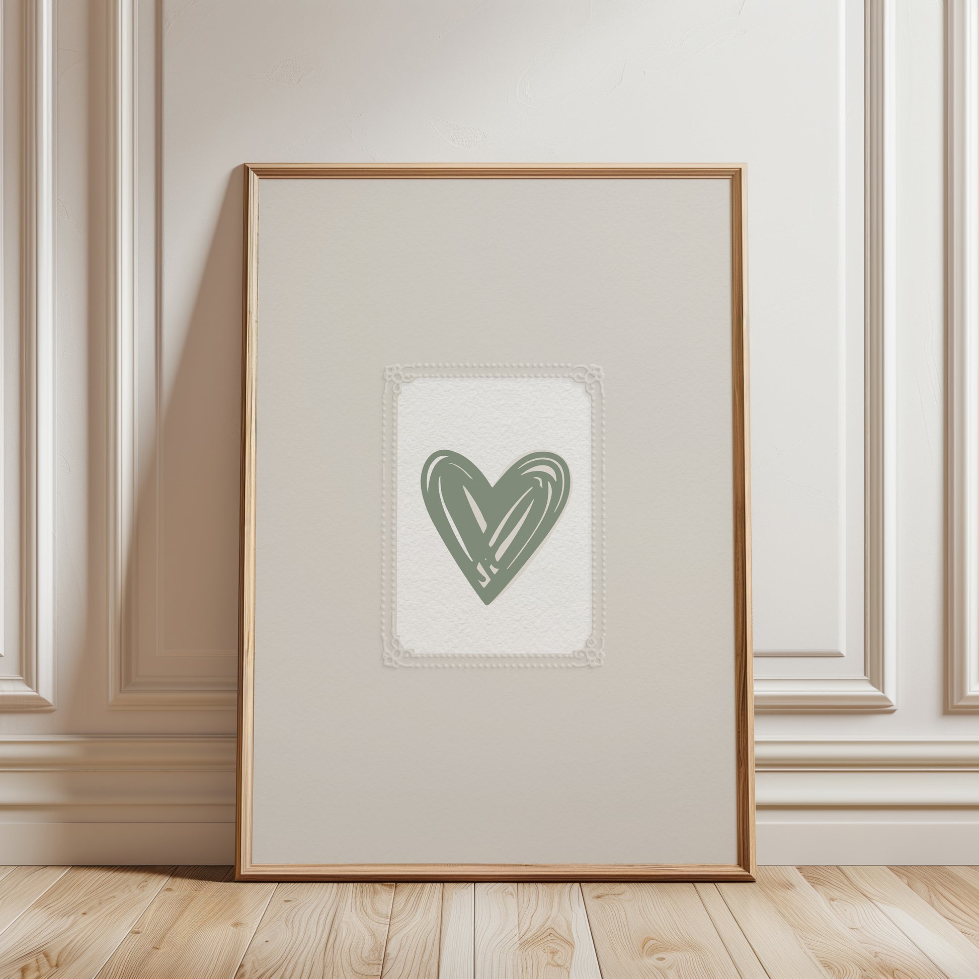 love heart bedroom print in sage green and beige