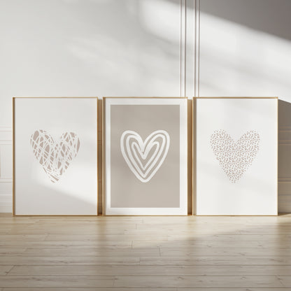 set of three bedroom prints with love hearts