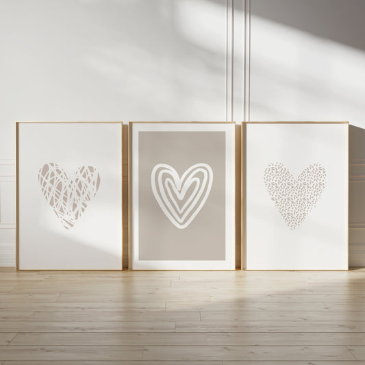 set of three bedroom prints with love hearts