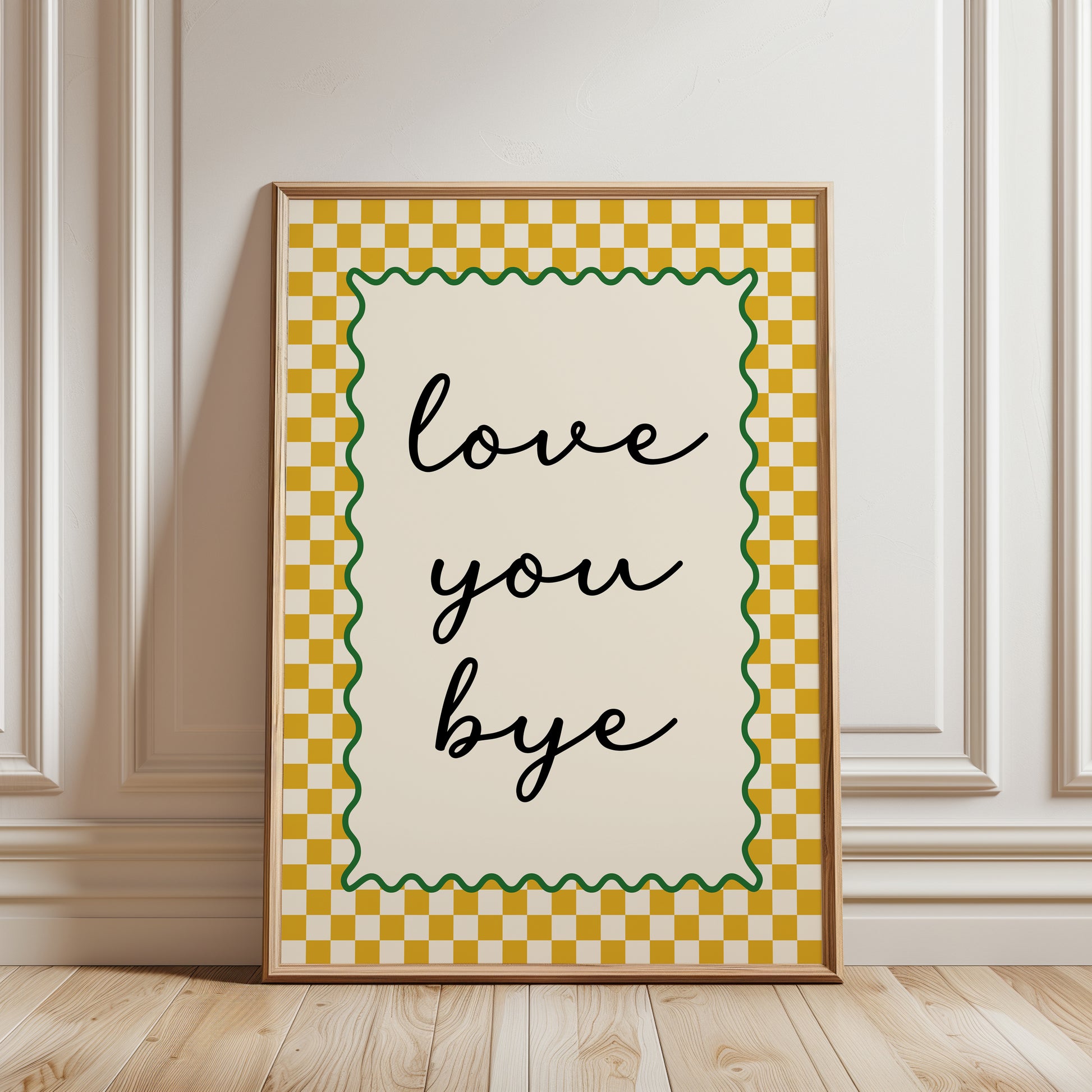 Ochre yellow hallway print with chequered border and quote; love you bye, couples gift