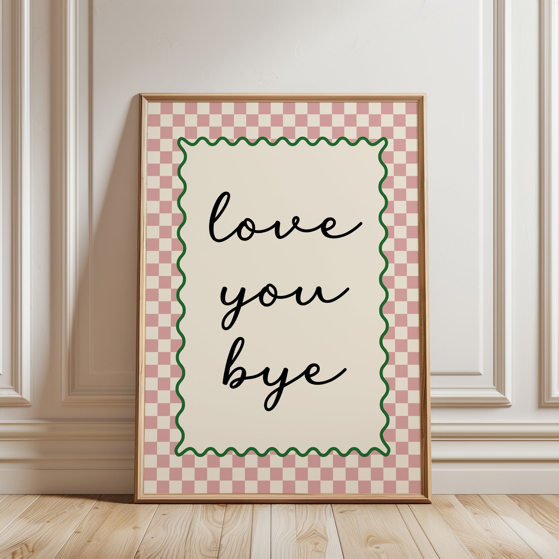 Love you bye, hallway print with chequered border in pink