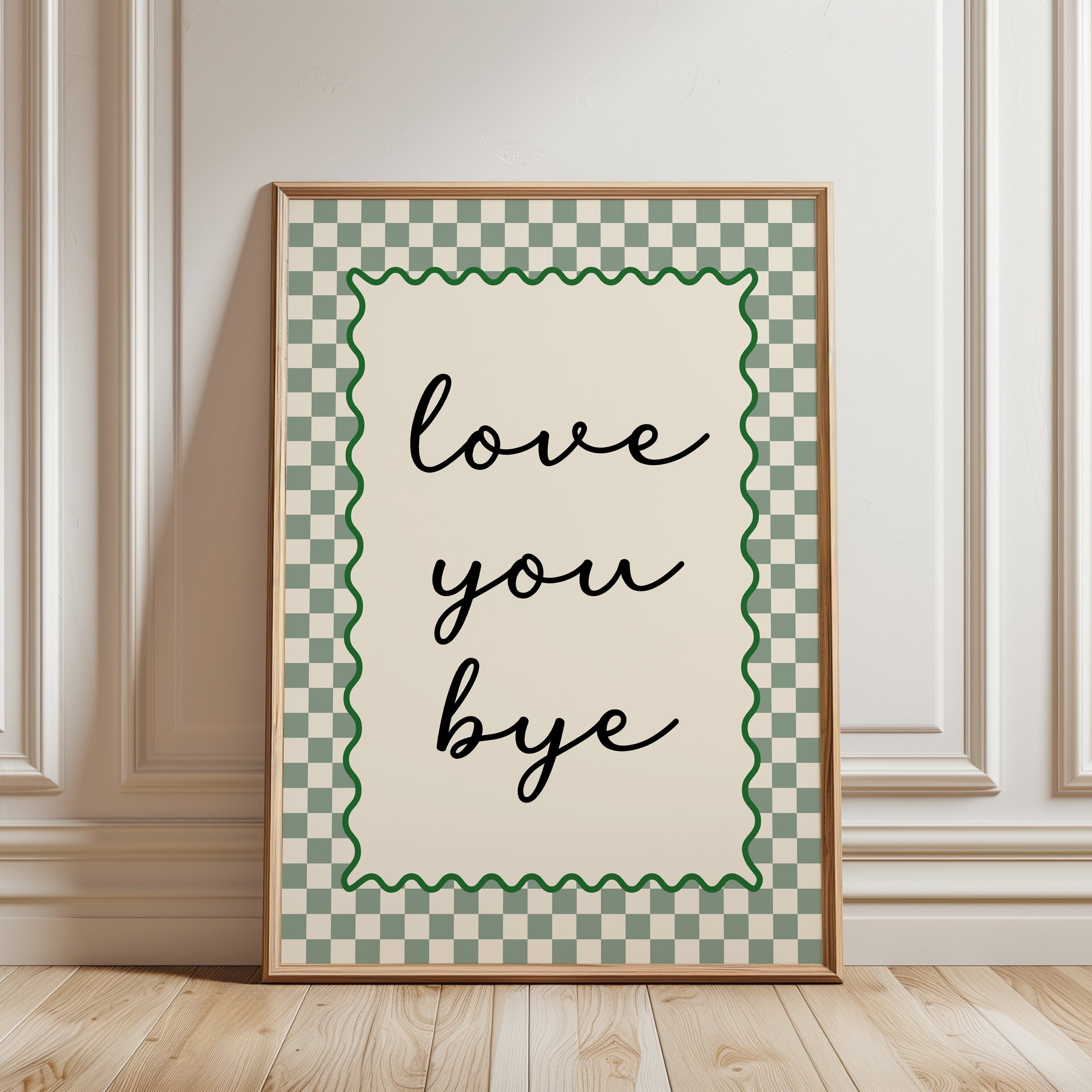 sage green hallway print with chequered border and quote; love you bye