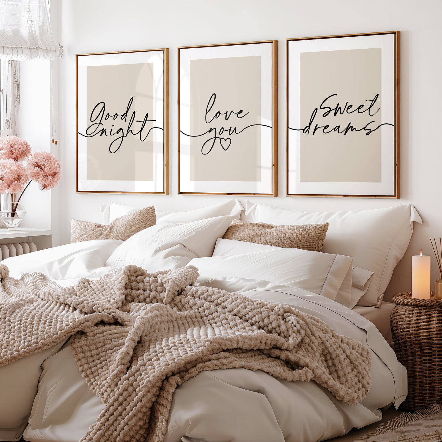 Set of 3 Bedroom Prints, Good Night, Love You, Sweet Dreams, Beige