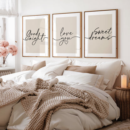 Set of 3 Bedroom Prints, Good Night, Love You, Sweet Dreams, Beige