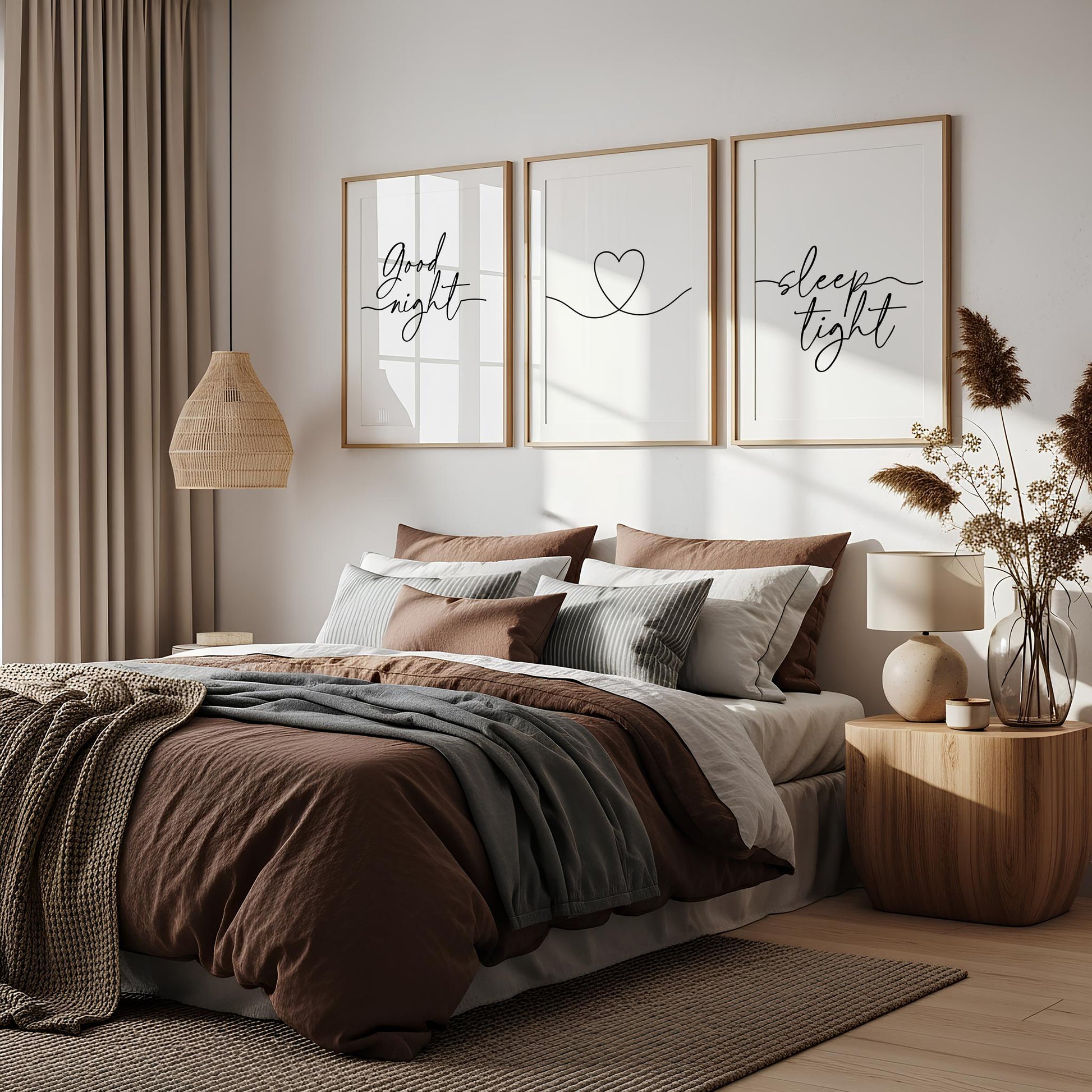 minimalist bedroom wall art, set of 3 posters with quotes GOOD NIGHT SLEEP TIGHT