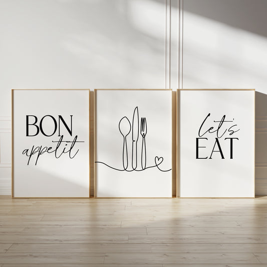 Minimalist kitchen wall art set, set of three prints with quote BON APPETIT, LETS EAT and line drawn cutlery with love heart on the middle print