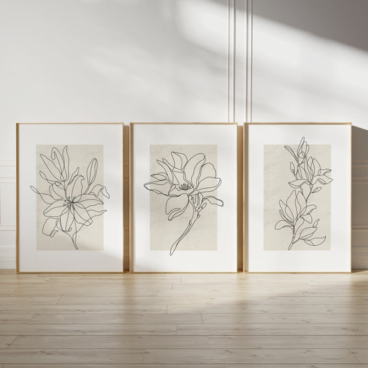 neutral botanical line art prints, plant line art on beige backgrounds with white borders, et of 3 wall art prints