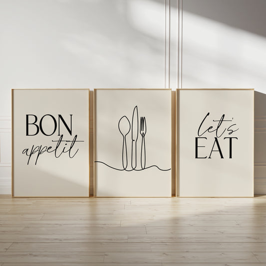 Neutral dining room wall decor, set of 3 prints
