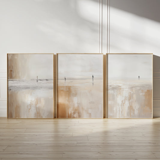 neutral abstract wall art prints, set of three in neutral shades and landscape beach scene