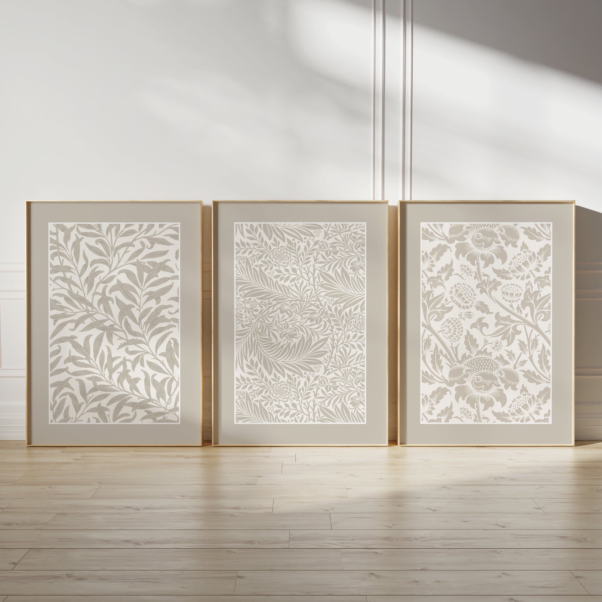 Set of three neutral botanical pattern wall art prints in a William Morris style