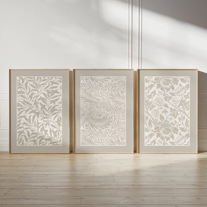 Set of three neutral botanical pattern wall art prints in a William Morris style