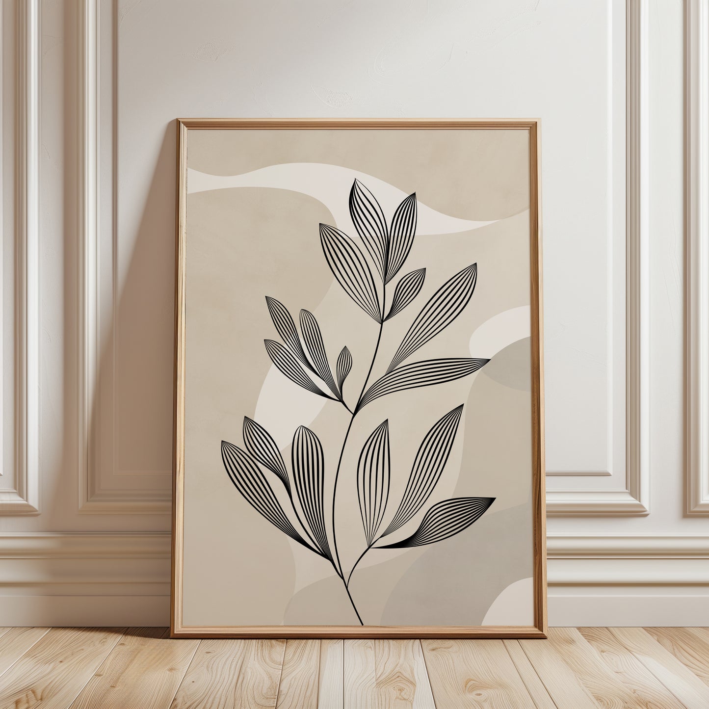 An unframed botanical art print with minimalist black leaf line art on a warm beige background.