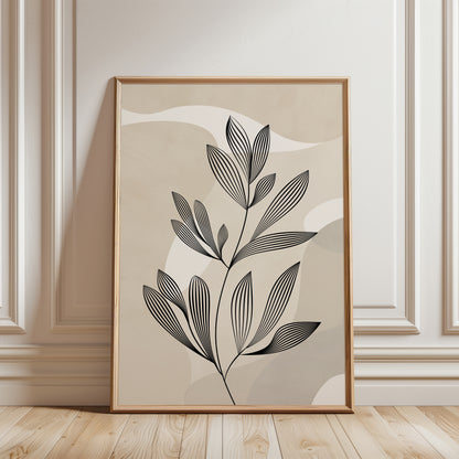 An unframed botanical art print with minimalist black leaf line art on a warm beige background.