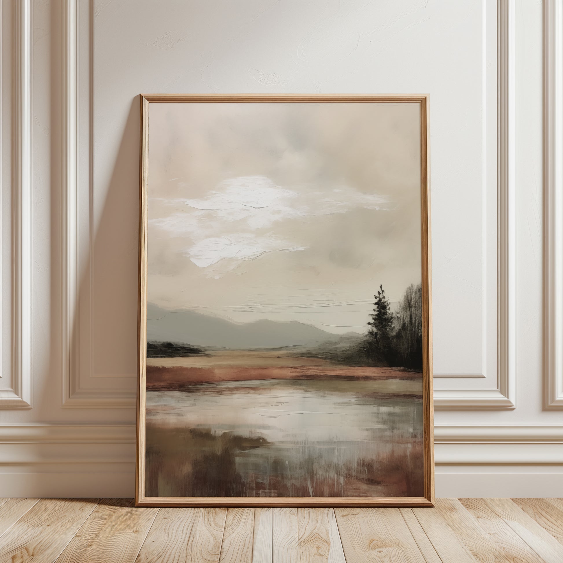neutral landscape wall art print in neutral shades of beige, brown and green