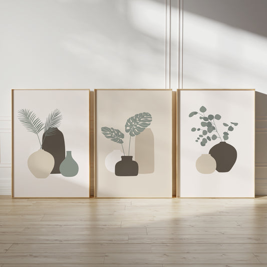 neutral plant wall art set, botanical leaves and vases in shades of sage green, brown and beige