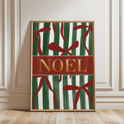 Noel Christmas print with text reading NOEL in gold on a green and white striped background with red festive  bows