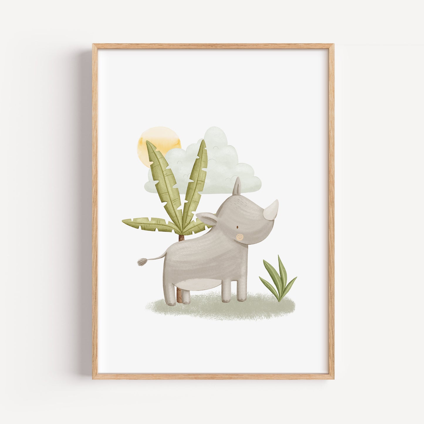 nursery print with cute illustrated rhino with palm tree and sunshine