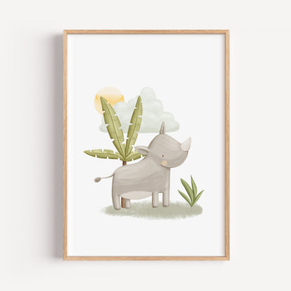 nursery print with cute illustrated rhino with palm tree and sunshine