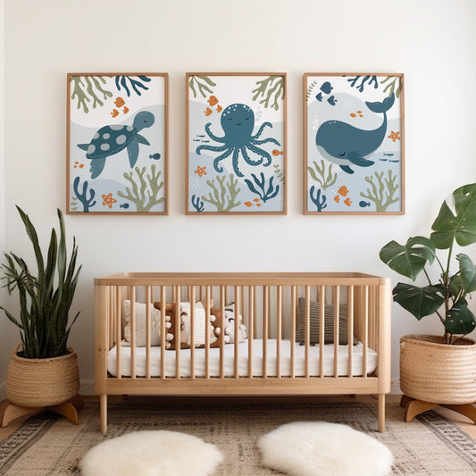 Nursery room decor with an ocean theme, featuring sea creatures, whale, turtle and octopus