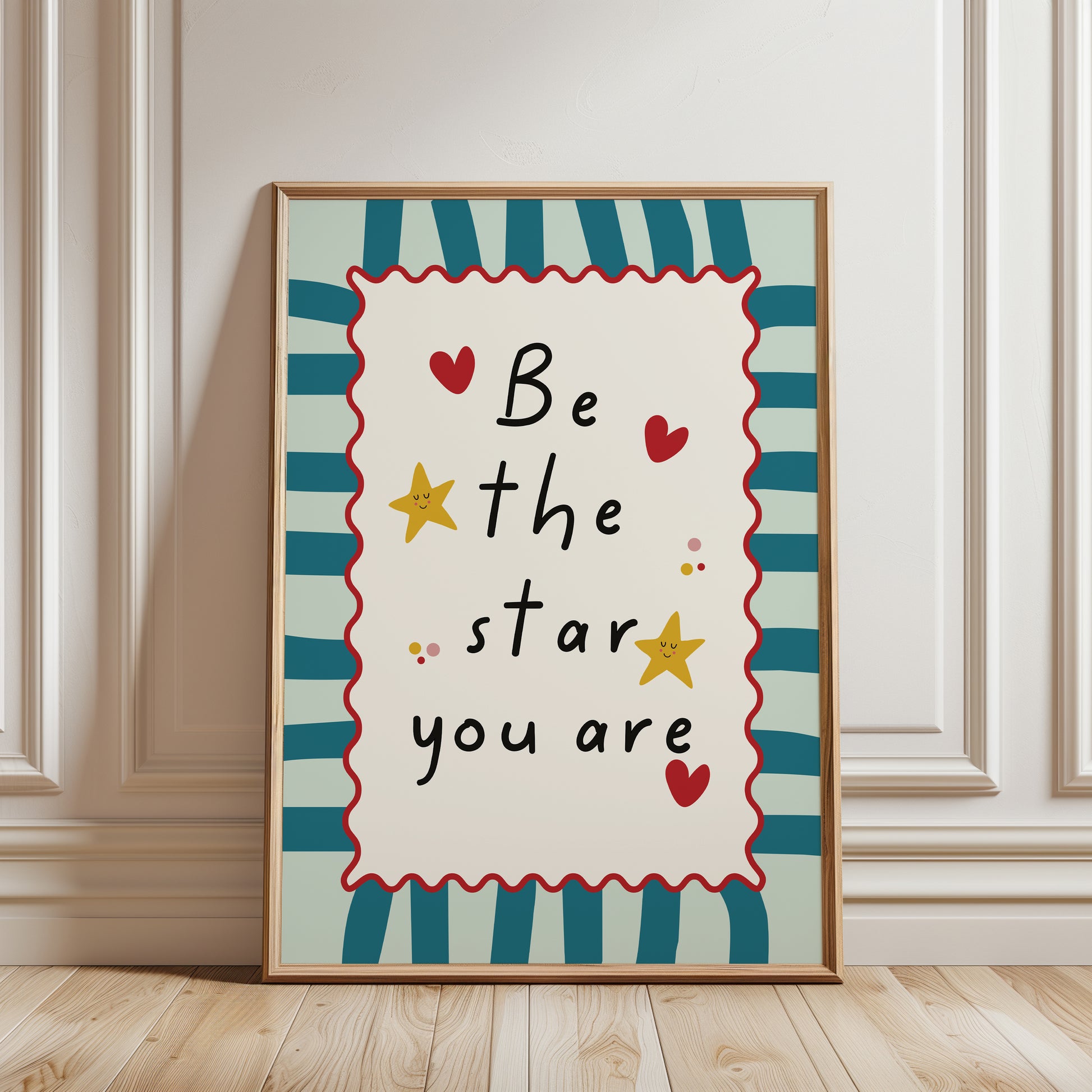 Nursery print, with inspirational quote "be the star you are", playful nursery decor in teal blue