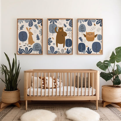 Three nursery woodland prints in blue with rabbit, bear and owl