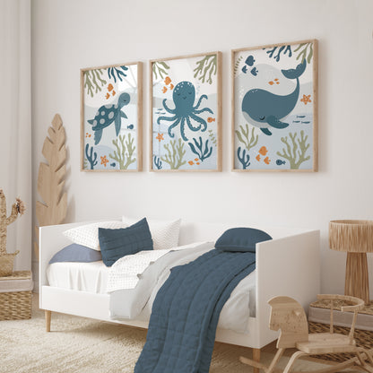 Set of 3 boys sea animal nursery prints in blue, green and orange
