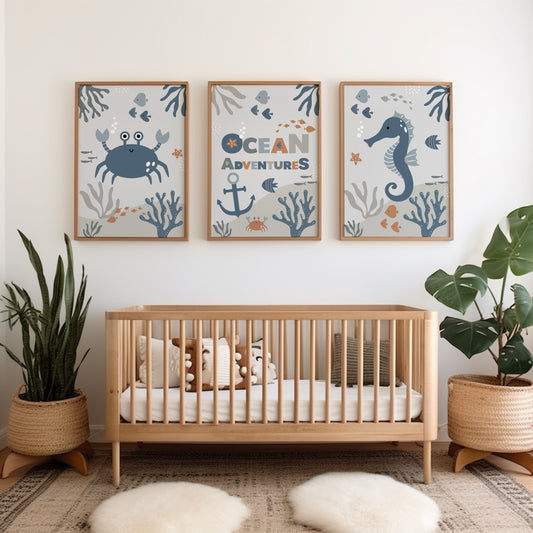 Ocean themed boys room prints with sea creatures including crab and seahorse