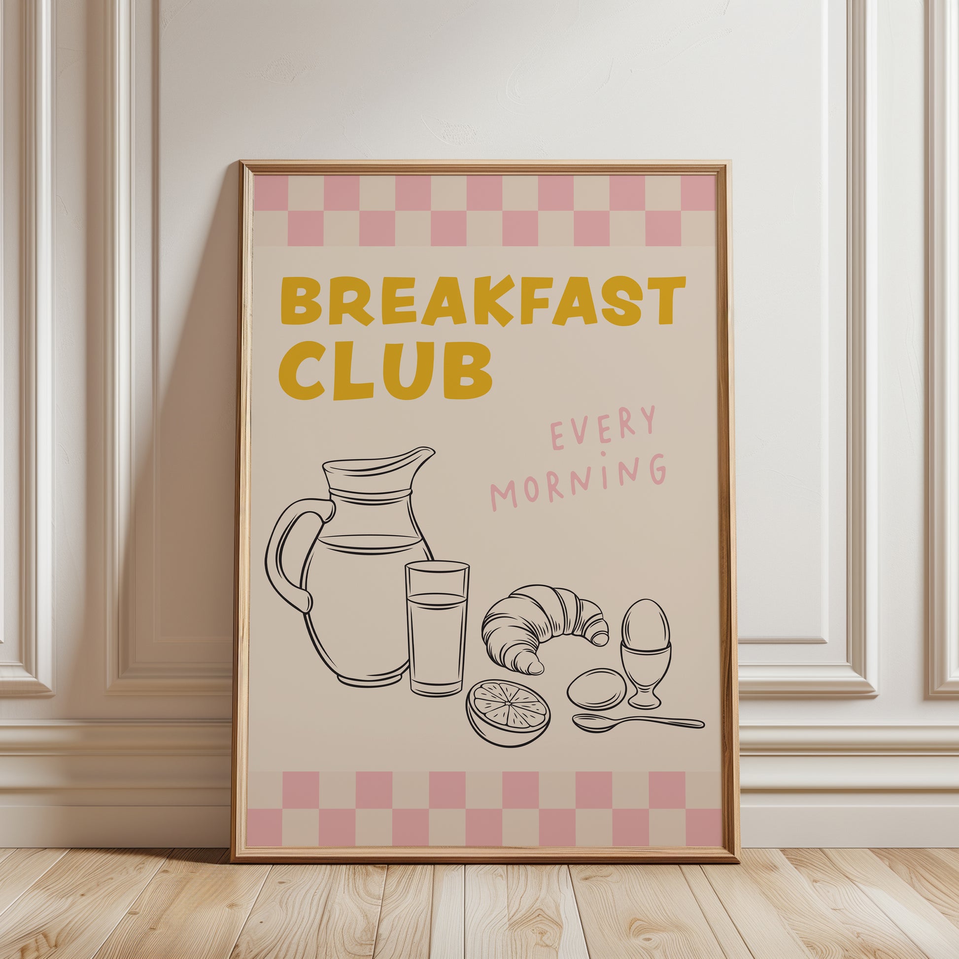 Ochre & pink kitchen print, breakfast club wall art with chequered border