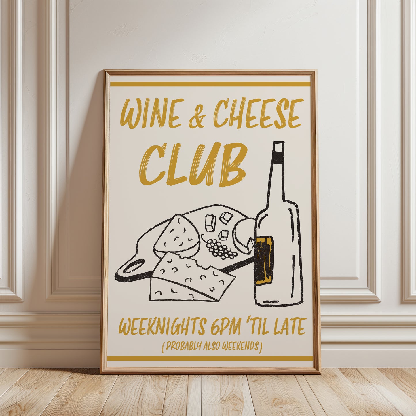 Wine & cheese club kitchen print in ochre yellow