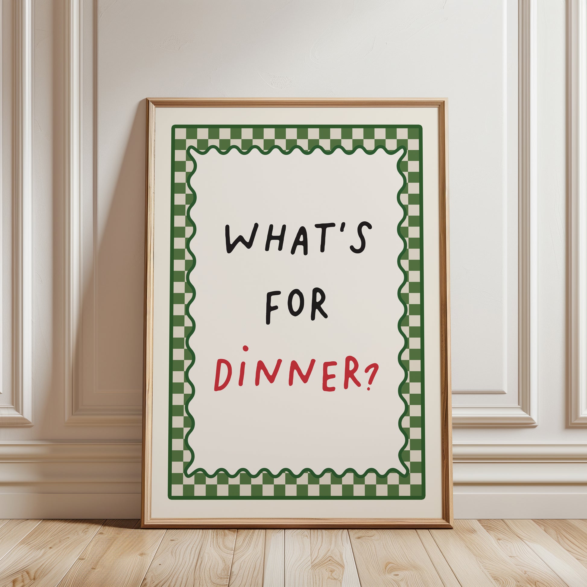 olive green kitchen wall art print with typography reading "HATS FOR DINNER?"