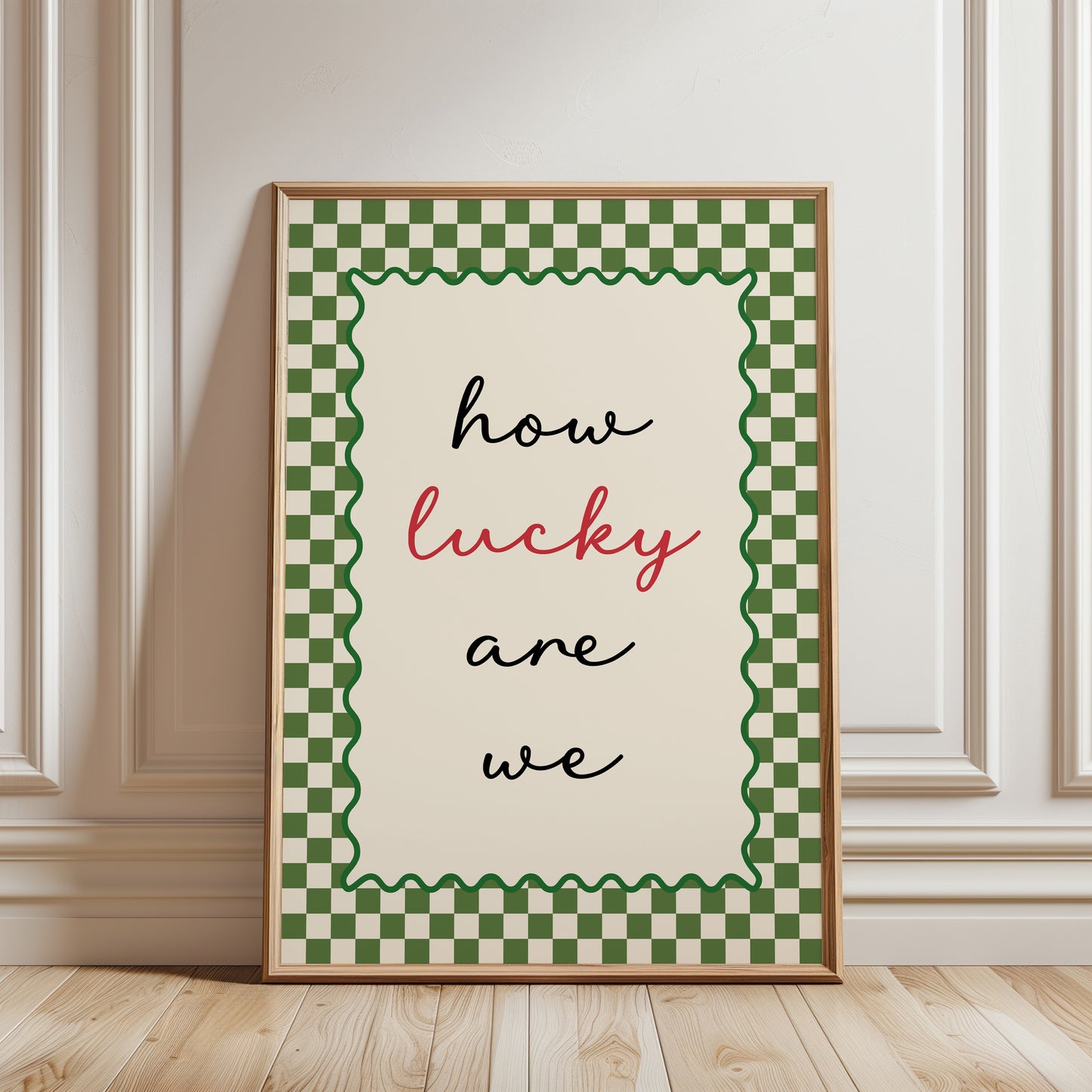 gift for couples, chequered wall art print with quote "HOW LUCKY ARE WE" ideal hallway decor in olive green