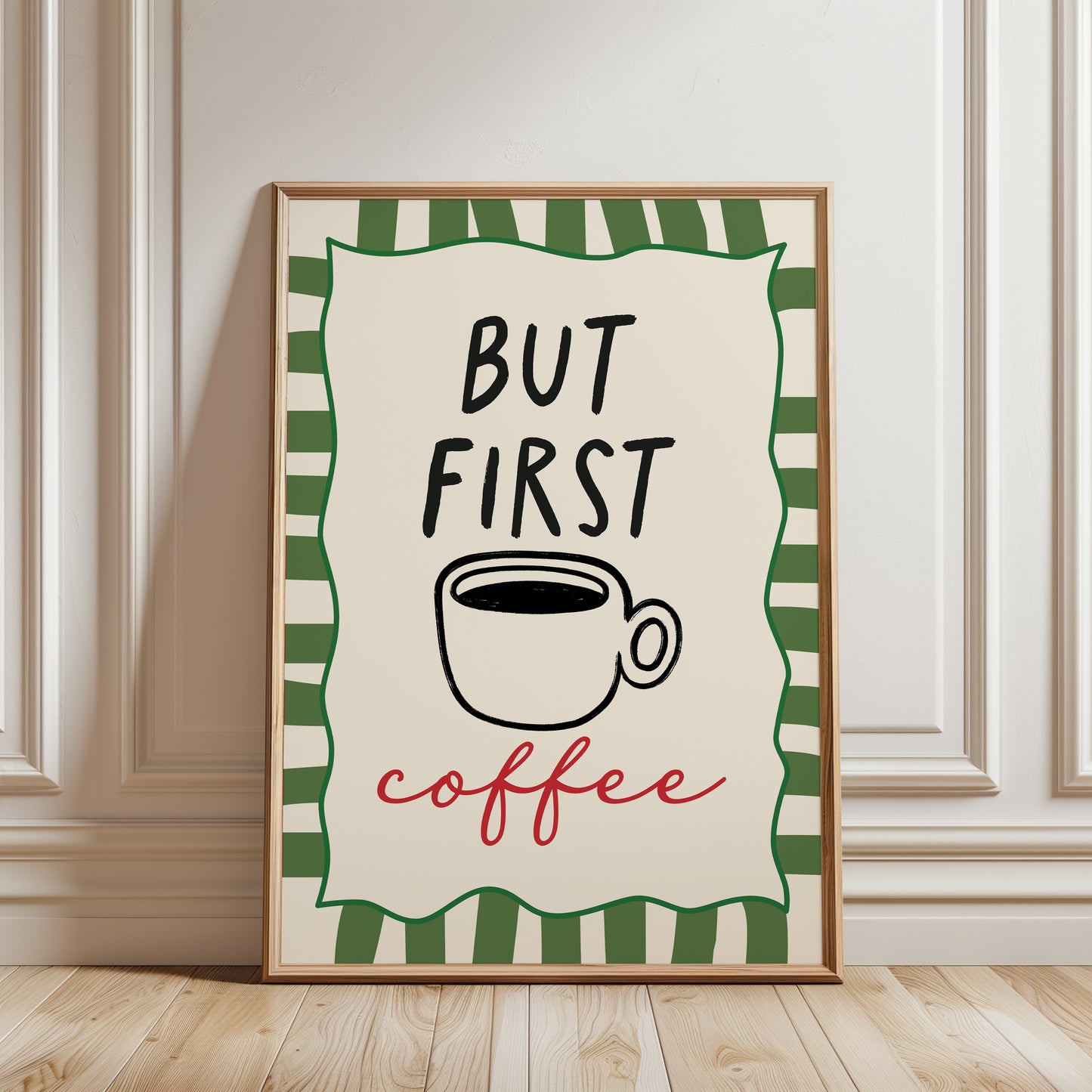 Olive green kitchen print, coffee wall art with quote BUT FIRST COFFEE
