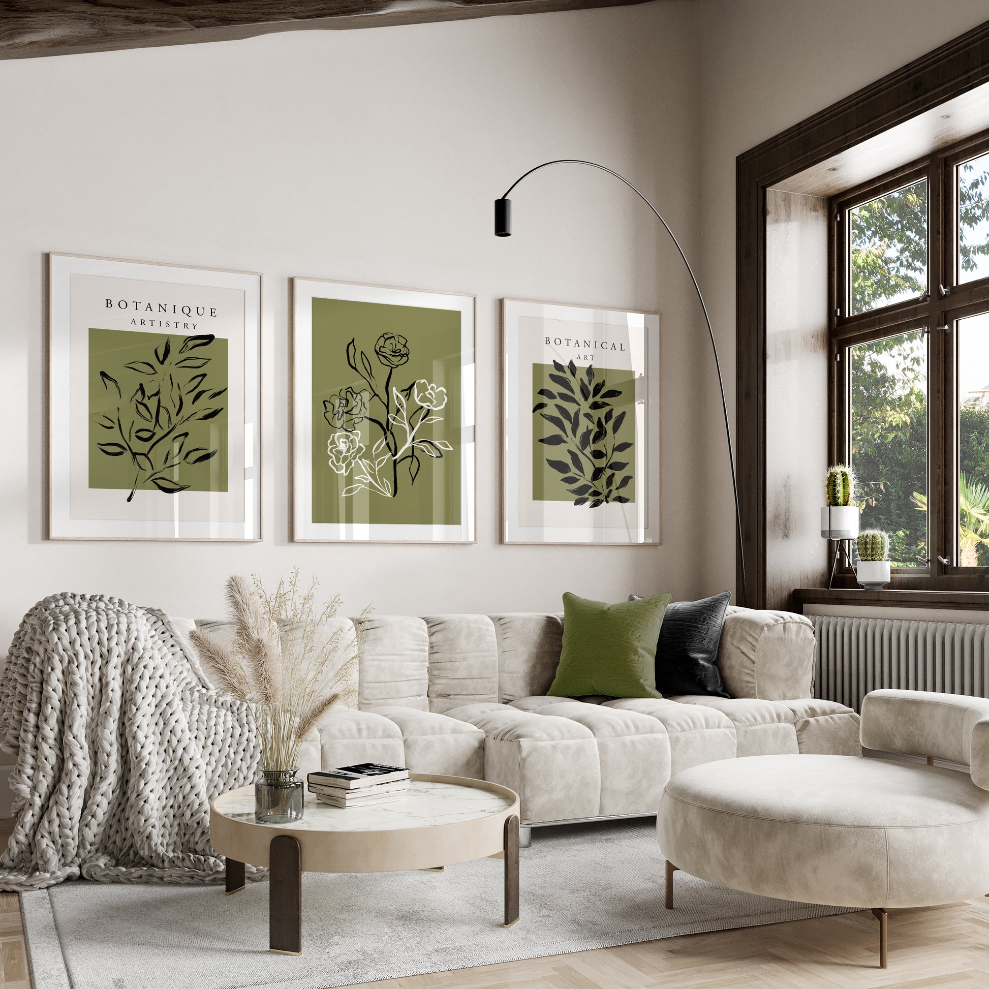 Olive green botanical oliving room art, set of three unframed prints