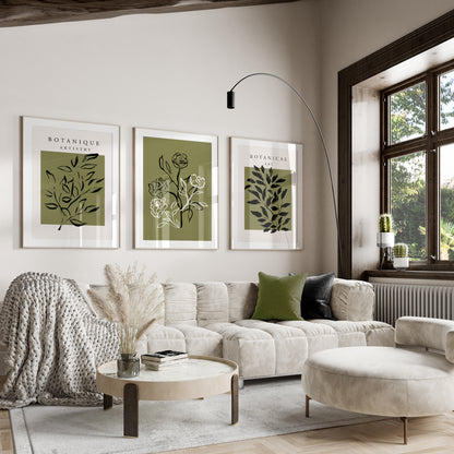 Olive green botanical oliving room art, set of three unframed prints